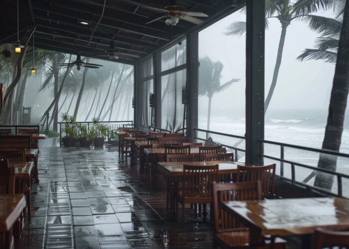 Hurricane Restaurant protection by Armor Screen showing outside patio with rain and trees.