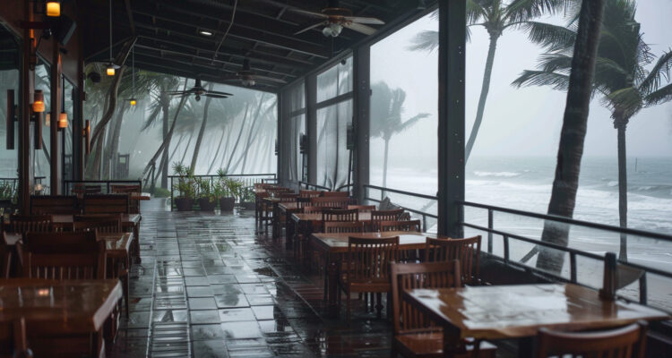 Hurricane Restaurant protection by Armor Screen showing outside patio with rain and trees.