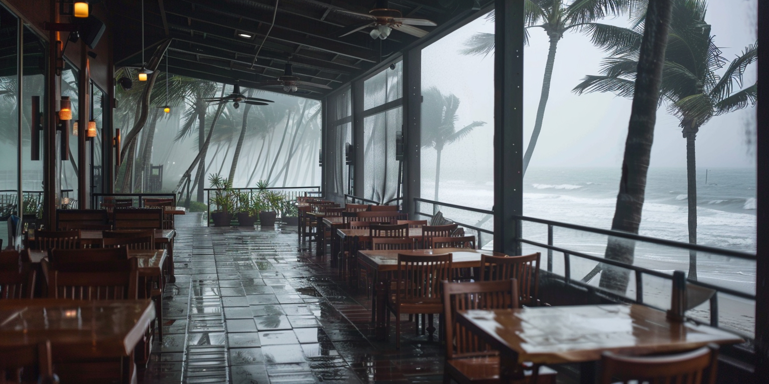 Hurricane Restaurant protection by Armor Screen showing outside patio with rain and trees.